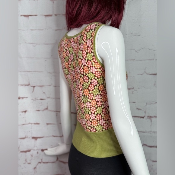 SIGRID OLSEN XS Silk Knit Moss Green Orange Pink Floral Sleeveless Sweater Vest - Picture 5 of 13